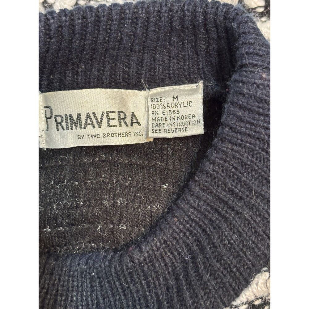 Vintage 90s 3D Knit Sweater Mens M Black White Geometric Champion Patch Grandpa - Picture 3 of 9